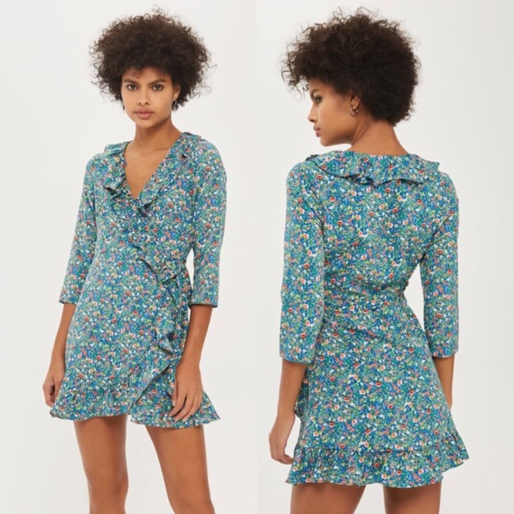 Topshop Ditzy Floral Ruffle Mini Wrap Dress - Teal and Multicolor